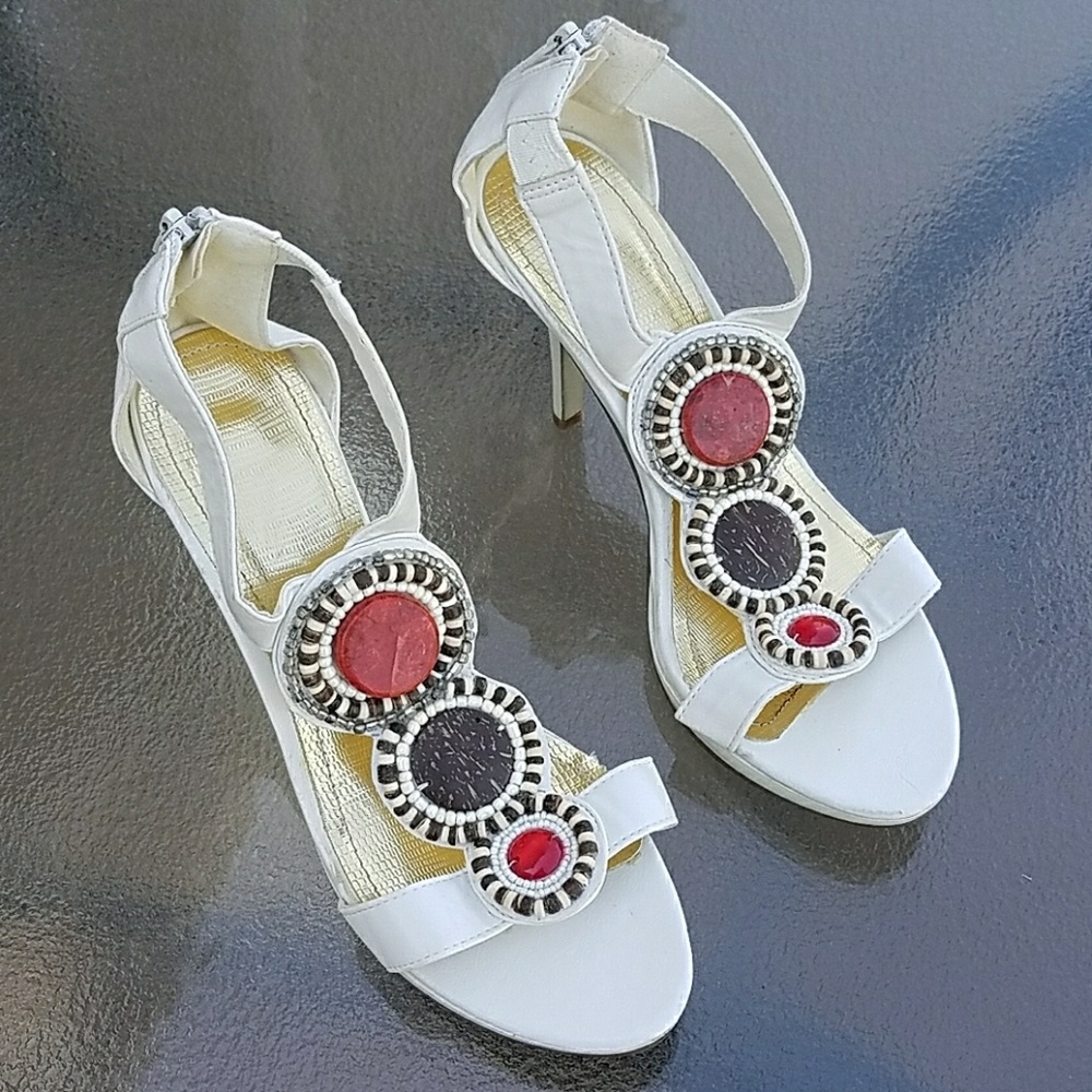 White open toe beaded heels Size 9